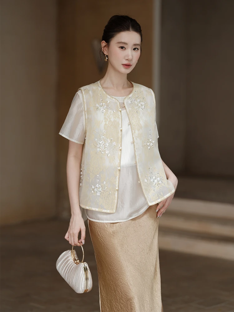 

Новая китайская женская летняя тонкая вышитая куртка-жакет в стиле Тан, с открытым передом, на пуговицах, свободного кроя, с круглым вырезом, укороченная