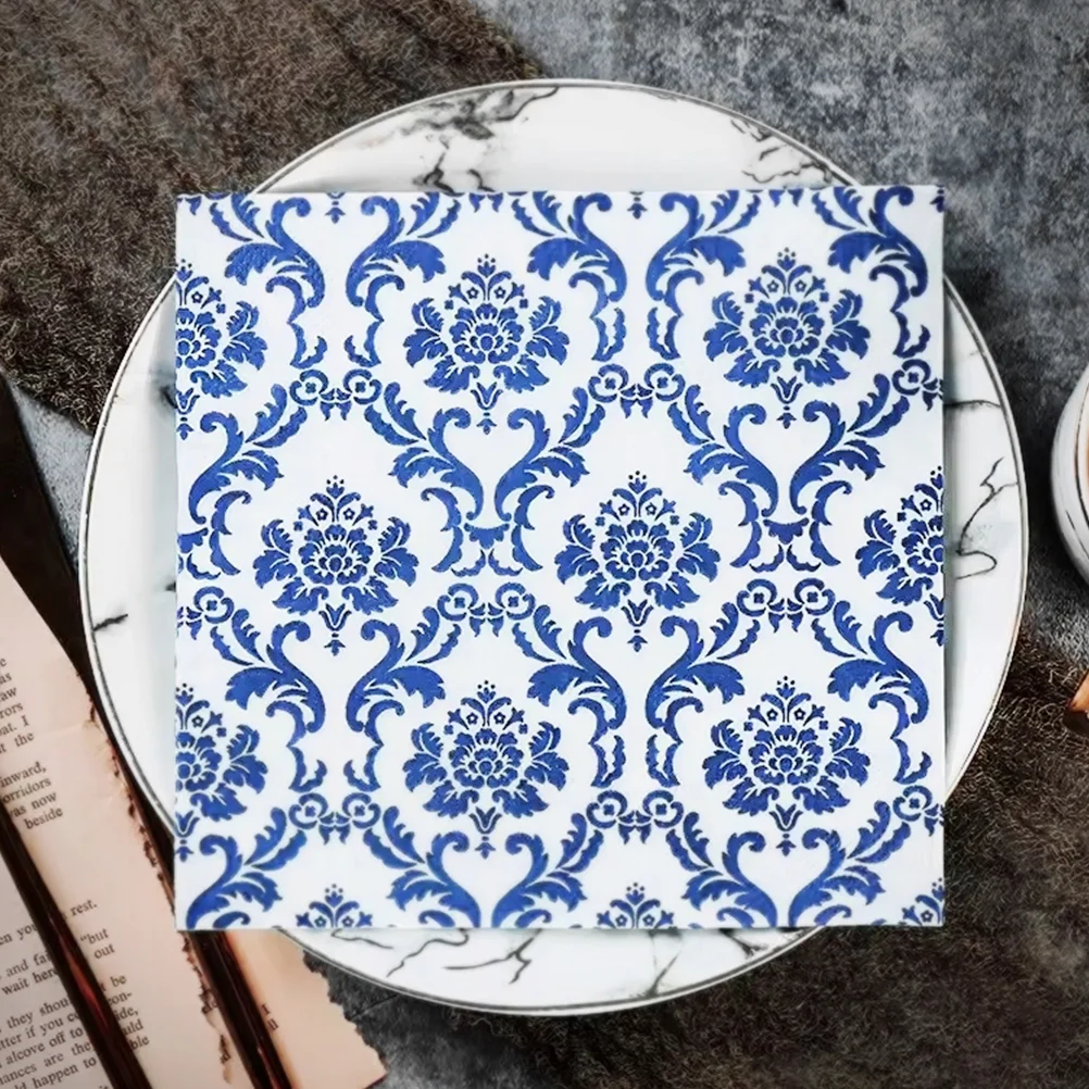 Guardanapos florais de porcelana branca azul e decoração retrô impressão mesa de festa noiva flores bebidas casamento