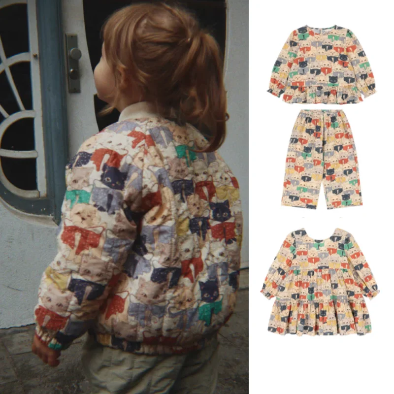 Girls Dress 2026 Fall New Print Fashion Cute Thickened Warm Kids Long Sleeve Dress Cotton Sweet Girls Doll Shirt Top Pants Set