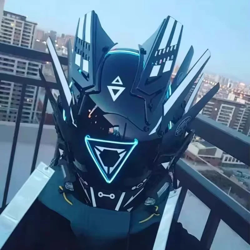 Cyber Punk Mask Halloween Mech Mask Cosplay Costumes Mech Warrior Mask Soldier Helmet With Triangle Light Carnival Party Props