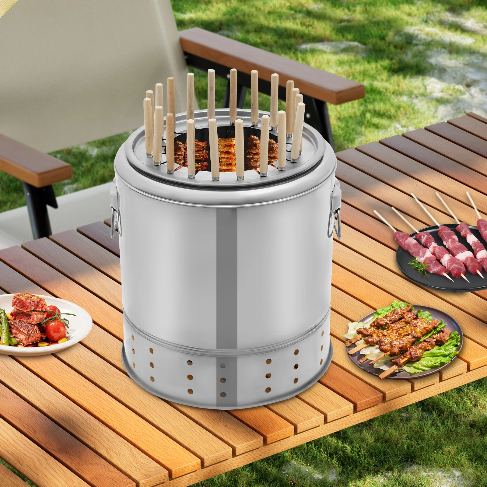 

Charcoal Barrel BBQ Grill, Stainless Steel BBQ Grill Mesh Barrel with 20 Kabob Skewers, Portable BBQ Hanging Stove Camping Grill