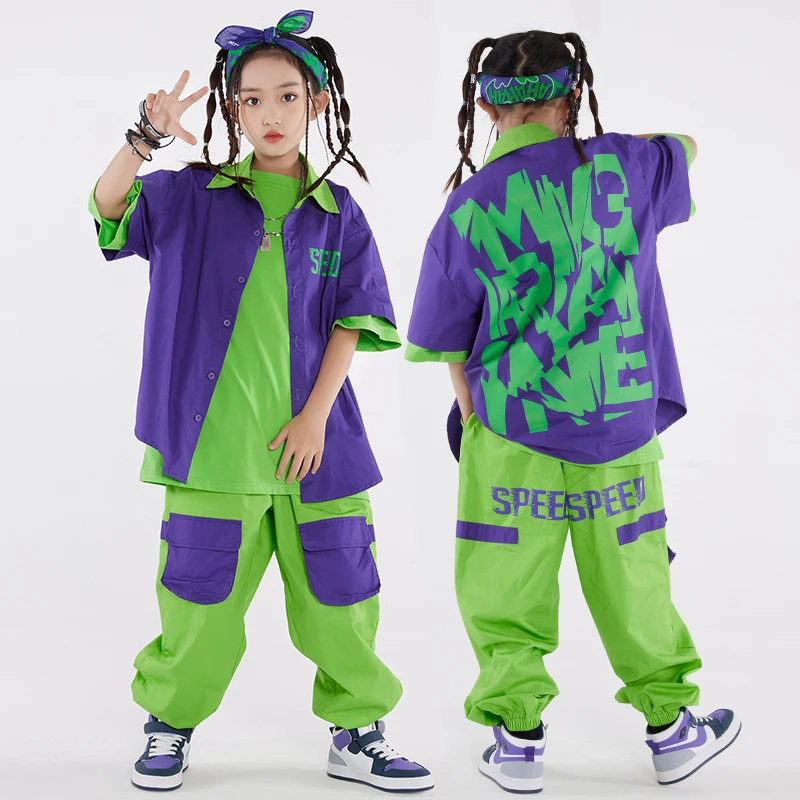 2023 Hip Hop Dance Costume Purple Shirt Coat Green Cargo Pants Girl Boys Jazz Performance Outfit Fashion Kids Clothing BL10632