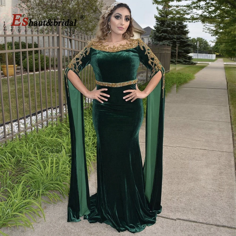 Elegante Emerald Green Mermaid Avond Nacht Jurk Voor Vrouwen 2022 Lange Mouwen O Hals Fluwelen Formele Bruiloft Prom Partij Jassen