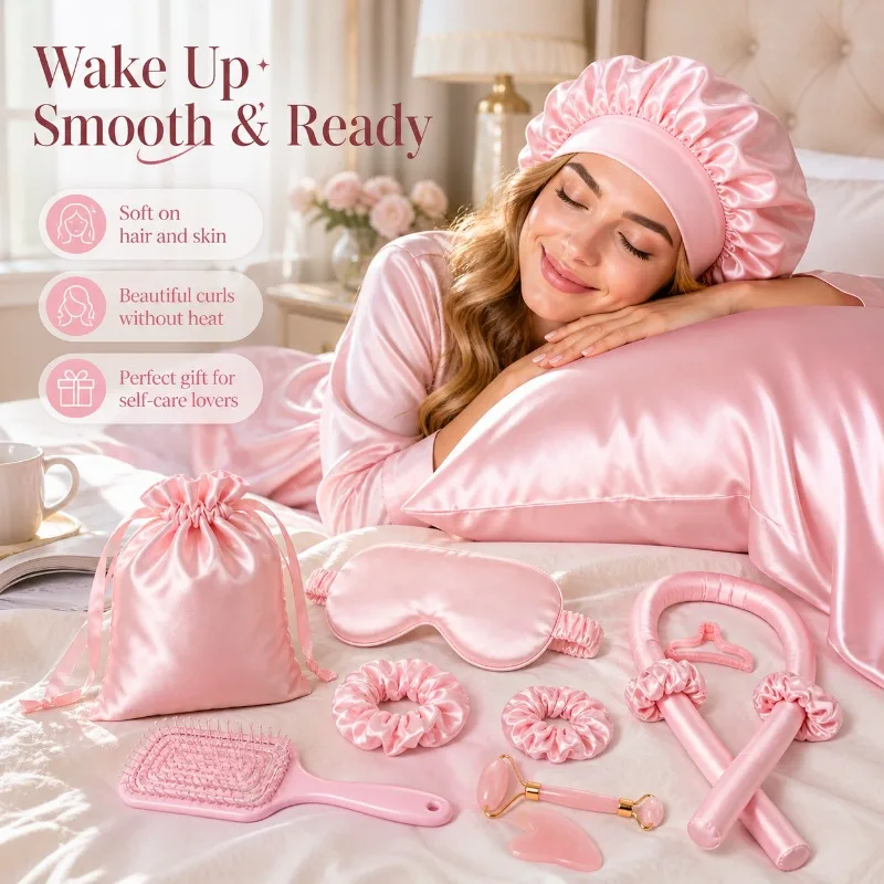 4/6/13-piece Silk Beauty Sleep Set, Including Hair Curler, Pillowcase, Hair Net, Eye Mask, Facial Roller and Storage Bag