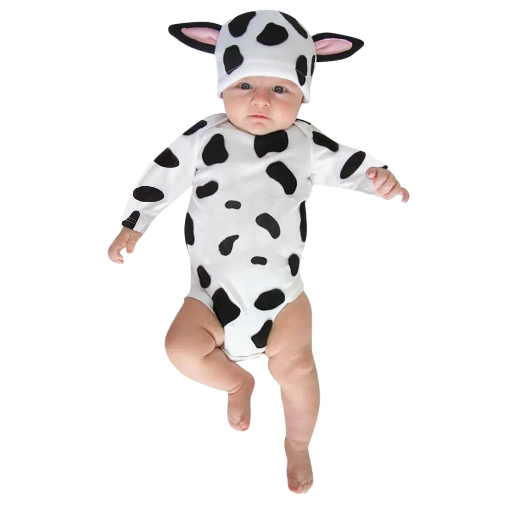 New Baby Bodysuit+cap Infant Baby Girls Boys Cute Blotch Cow Printed Long Sleeve Bodysuit Cartoon Ear Hats Boys Girls Clothes