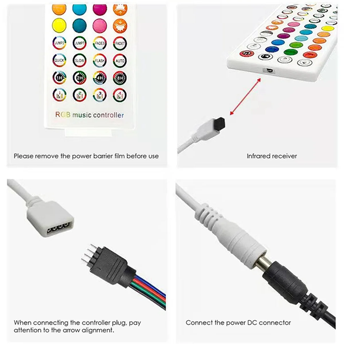 Bluetooth Controlador LED com controlo remoto, 40 teclas, controlo APP, sincronização de música, RGB, IR, RF para 5050, 3528, RGB, DC 5-24V