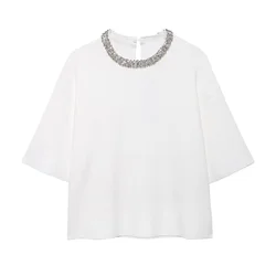 PB&ZA2024 Summer New Product Casual Women's Fashion Versatile Neckline Jewelry Embedding Simple Knitted Top T-shirt