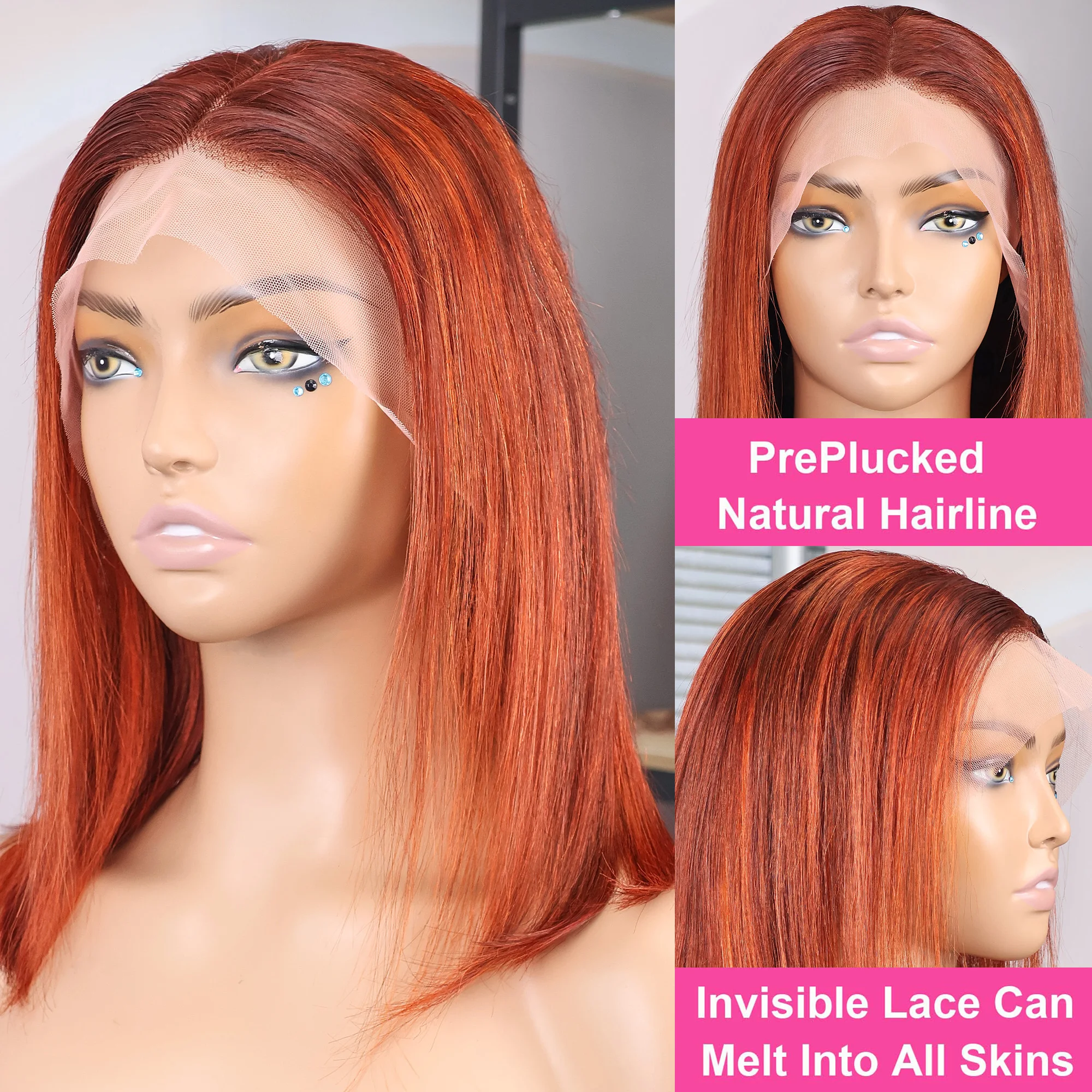 13x4 Straight Lace Frontal Bob Wig 4/350 Brown Ginger Orange Brazilian Remy Bone Straight Short Bob Wig For Women 10-14 Inch