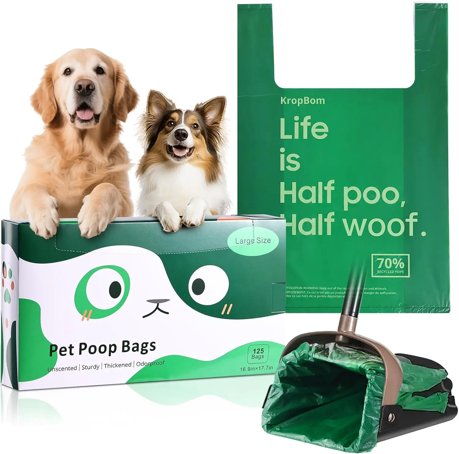 Extra Large Dog Poop Bags 125 Pack, Heavy Duty Leakproof Unscented for Swivel Bin Scooper, Pet Waste Bags with Handle