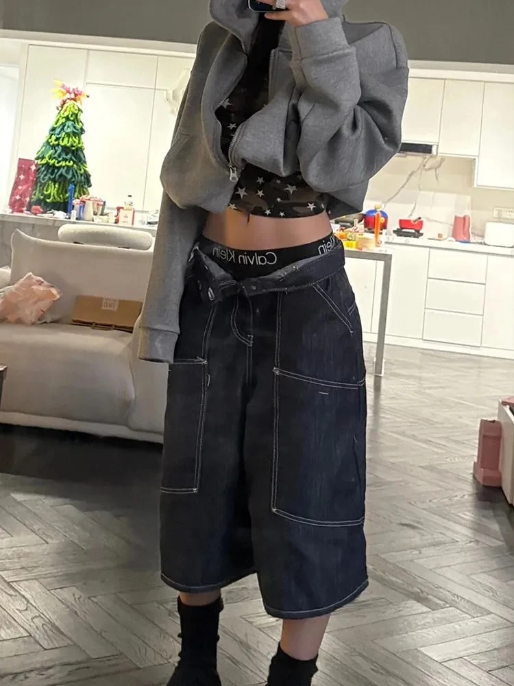 Americano retro bezerro comprimento bolsos hip-hop calças largas feminino grunge lavado rua jean emo casual y2k perna larga denim shorts