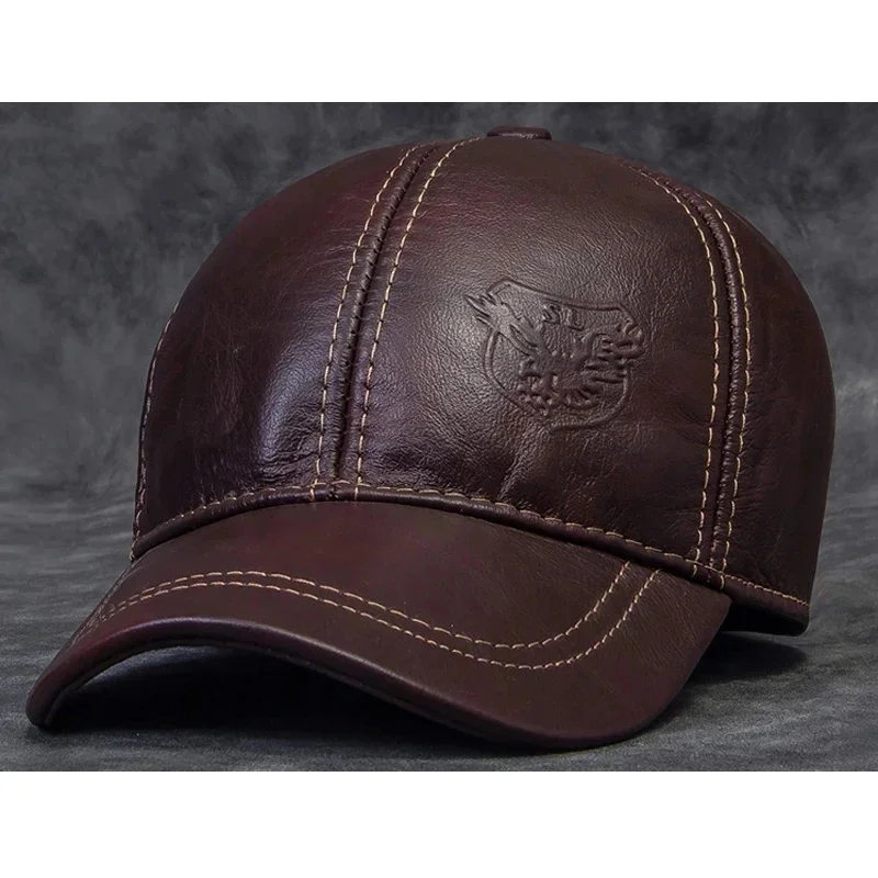 2023 Male Genuine Leather Cowhide 56-60CM Black/Brown Baseball Caps Eagle Print For Man Casual Street Gf Gorras Dad Hat