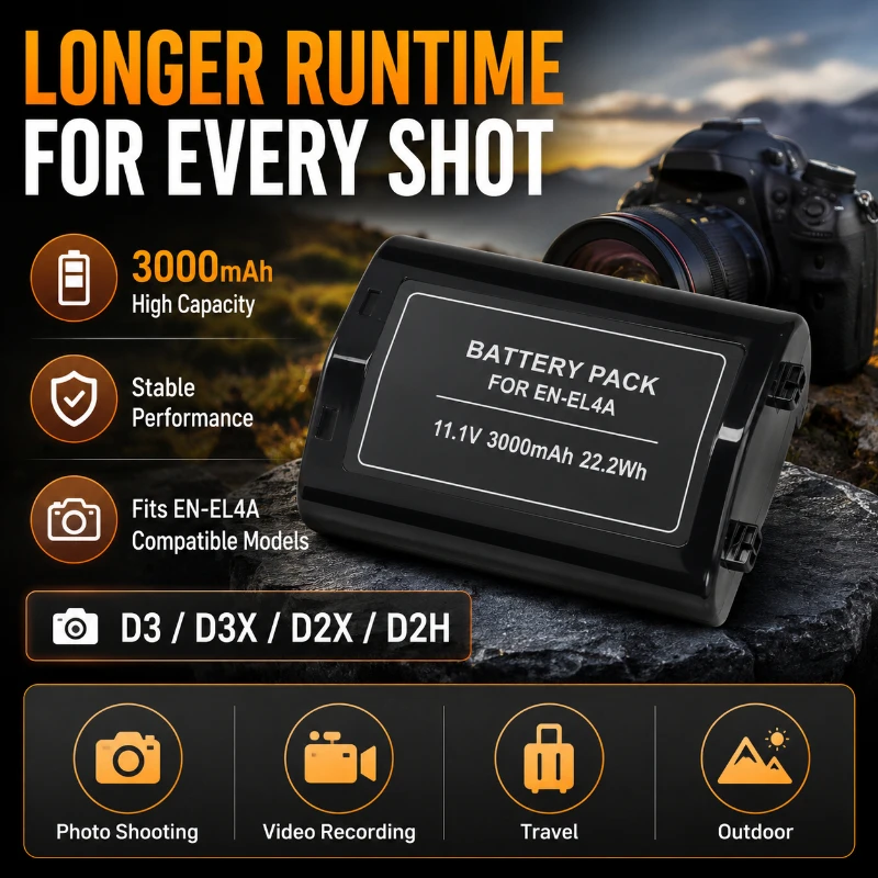 11.1V 3100mAh Suitable for Nikon D3 D3X D2X D2H Multi Model Compatible DSLR Camera EN-EL4A Long Endurance Stable Digital Battery