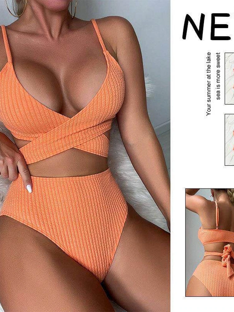 

Pure Color Bikini Swimsuit Women's Strapless Separate Texture Pattern Casual Surfing Swimsuit with Chest Pad No Steel Support