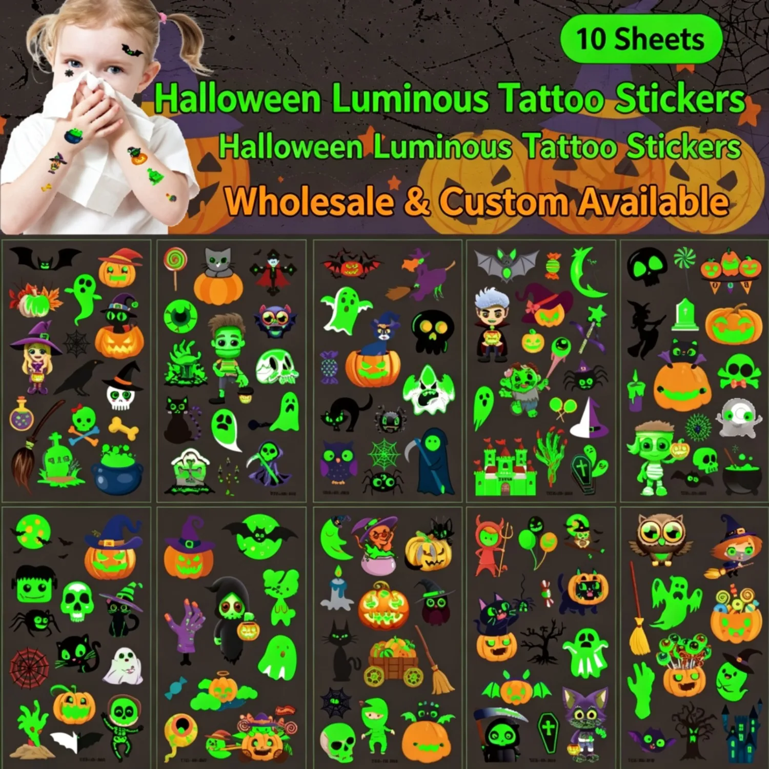 Glow-in-the-Dark Halloween Temporary Tattoos, with a variety of patterns, are suitable as party decorations and gifts，10 sheets