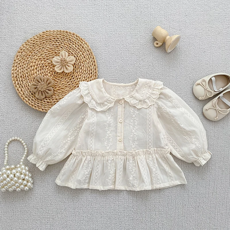 Korean Style Baby Girl Lace Doll Collar Blouse Autumn Long‑sleeve Ruffle Shirt Embroidery Ruffled Sweet Princess Kid Casual Top