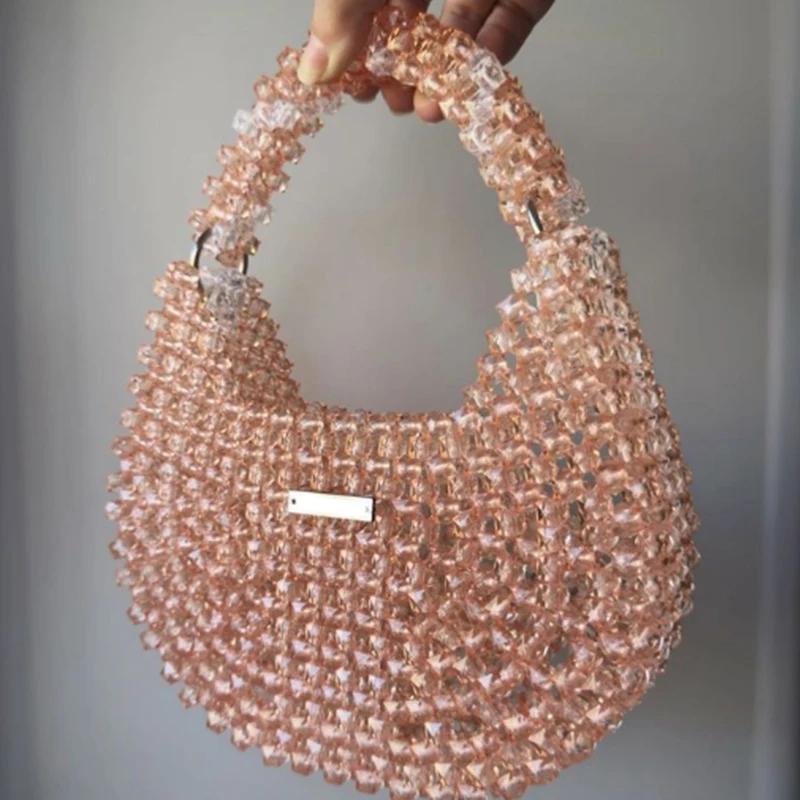 

Spring Summer New Versatile Acrylic Bead Women's Dumpling Bag Ins Contrasting Splicing Open Ladies Handbag Party Armpit Bags