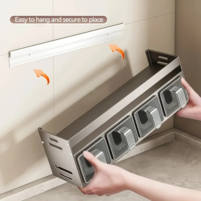1 Wall-Mounted Seasoning Organizer - Drill-Free Installation, Durable Aluminum Alloy, Space-Saving Storage for Bottles,