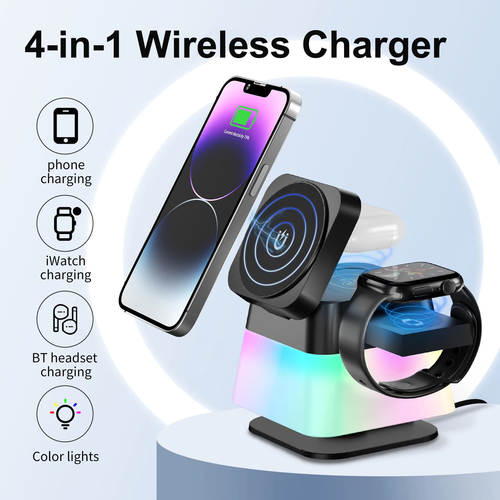 4in1高速ワイヤレス磁気充電レシーバー-車載15w誘導充電器-カラフルライト付き-iphone-16-15-14-pro-max対応