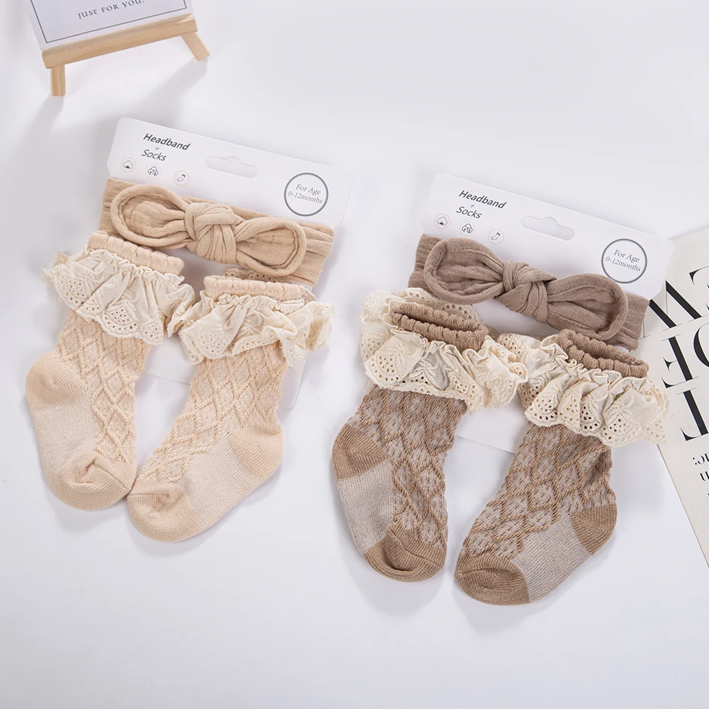 3Pcs/Set Vintage Lace Socks for Baby Girls Thick Knee Cotton Long 0-12M Socks Muslin Cotton Bow Headbands Ealstic Hairbands
