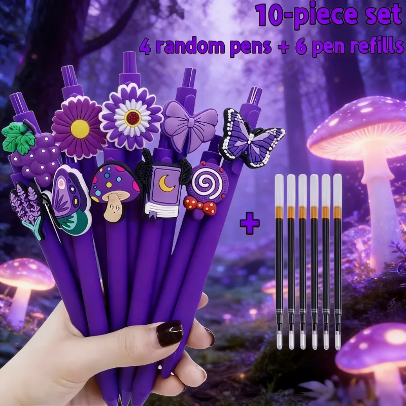 

10pcs Purple Forest Series Ballpoint Pen (4 random pens+6 pen cores) Student Stationery Gift Pen Learning Office Supplies
