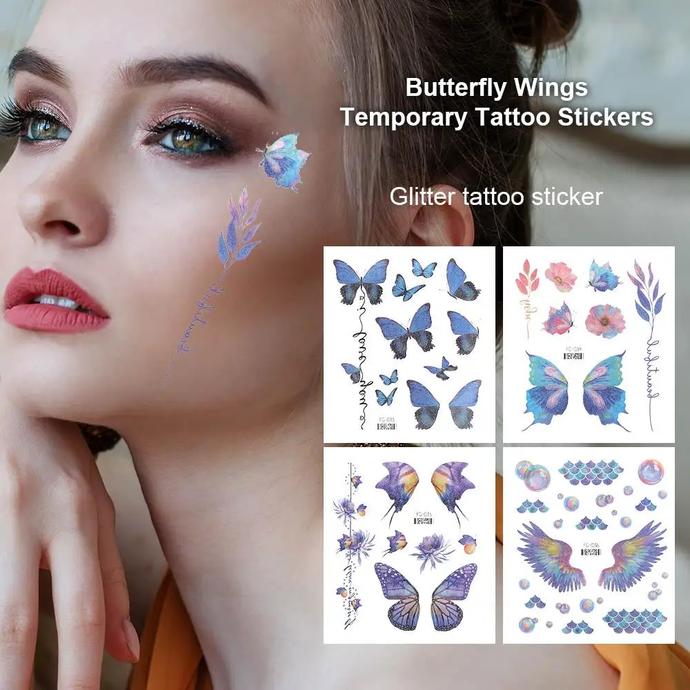 Temporary Glitter Butterfly Wings Tattoo Stickers para Mulheres, Flores, Body Art, Pulso, Pescoço, Rosto, Falso, Impermeável, Lua