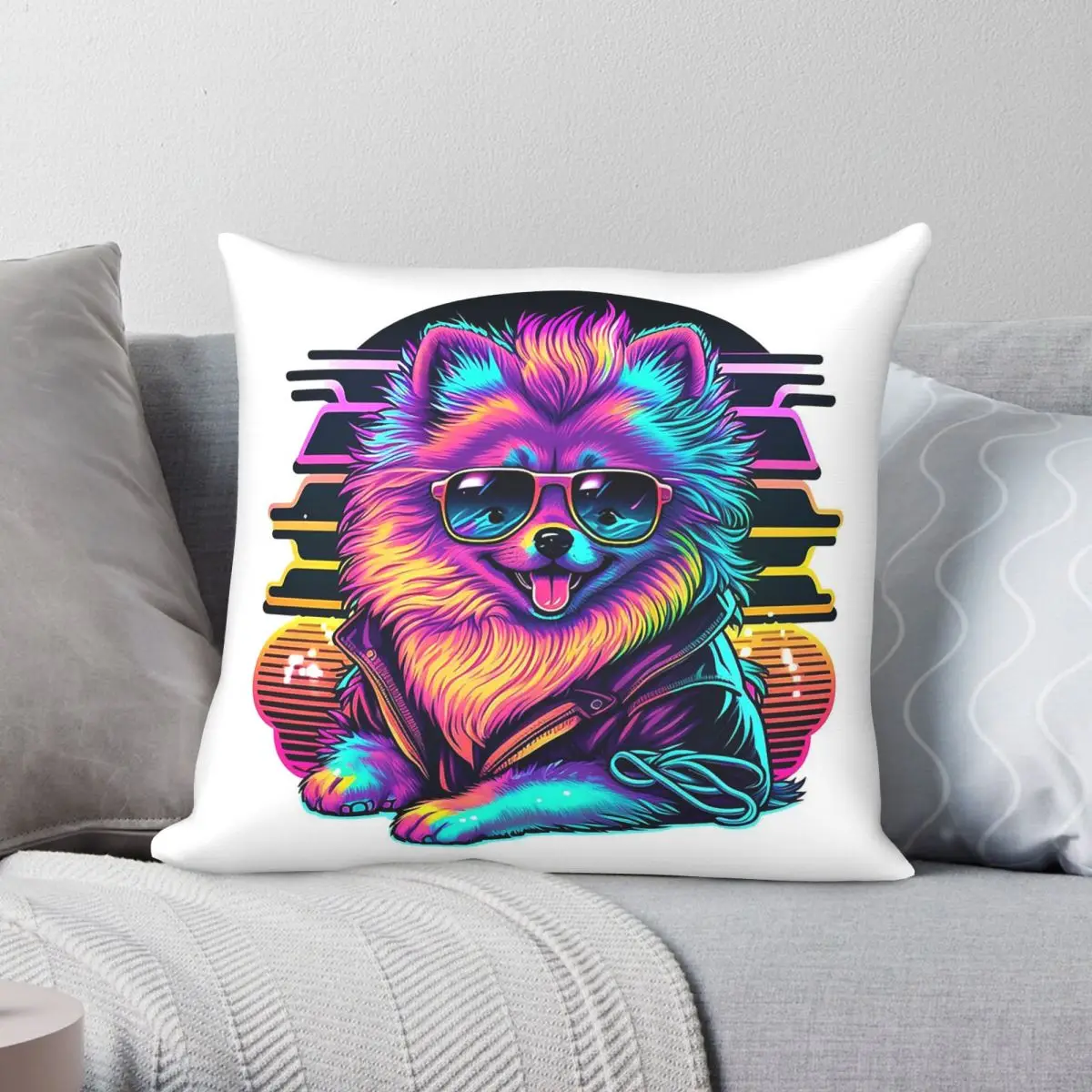 Pomeranian Dog Retro 80s Square Pillowcase Polyester Linen Velvet Pattern Zip Decorative Pillow Case Car Cushion Case