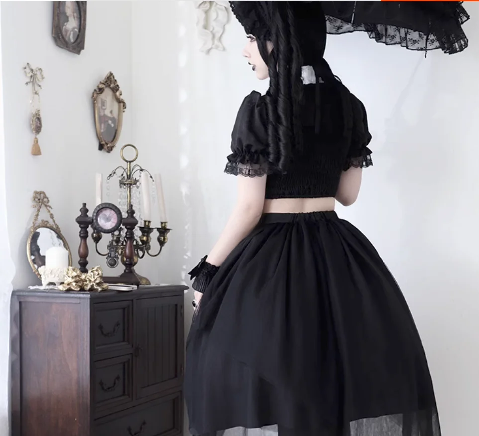 Gothic rose embroidery hollowed out top irregular lower skirt set lolita