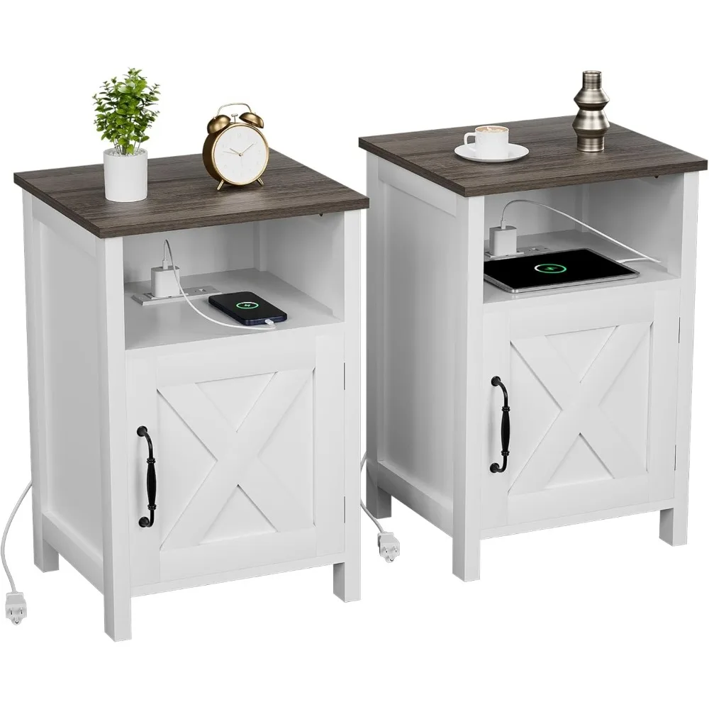 

Farmhouse Nightstand with Charging Station, Modern Bedside Table Set of 2 with Barn Door and Shelf, Sofa SideTable