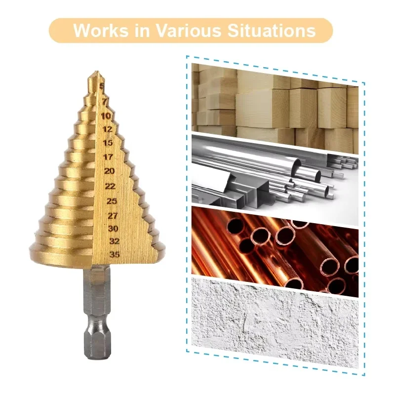 

5-35mm High-Speed Steel Step Drill Bit Titanium Coated Round Shank Straight Groove Ideal for Wood Metal Drilling Tools Accessory