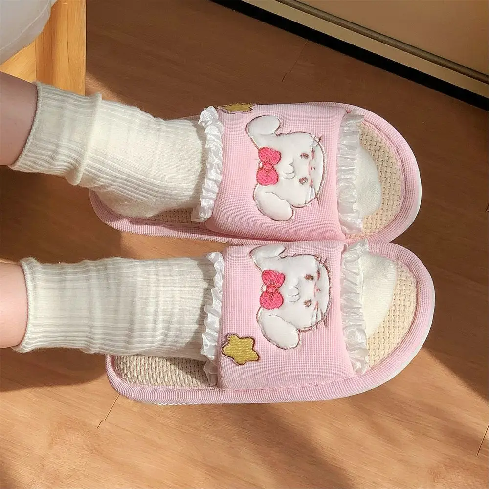 Kawaii Mikko القطن الكتان النعال لطيف المضادة للانزلاق كل موسم موضة الربيع الصيف المرأة ارضيات داخلية أحذية الفتيات الهدايا اللعب