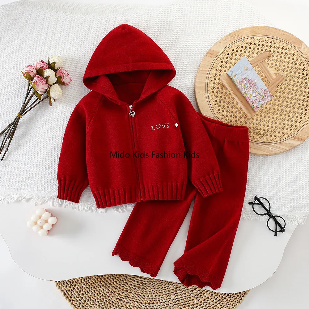 Children's Knitwear Set - Autumn/Winter New Arrival Girls' Hooded Zip-Up Knitted Cardigan  Trousers Korean Style Chic Trendy