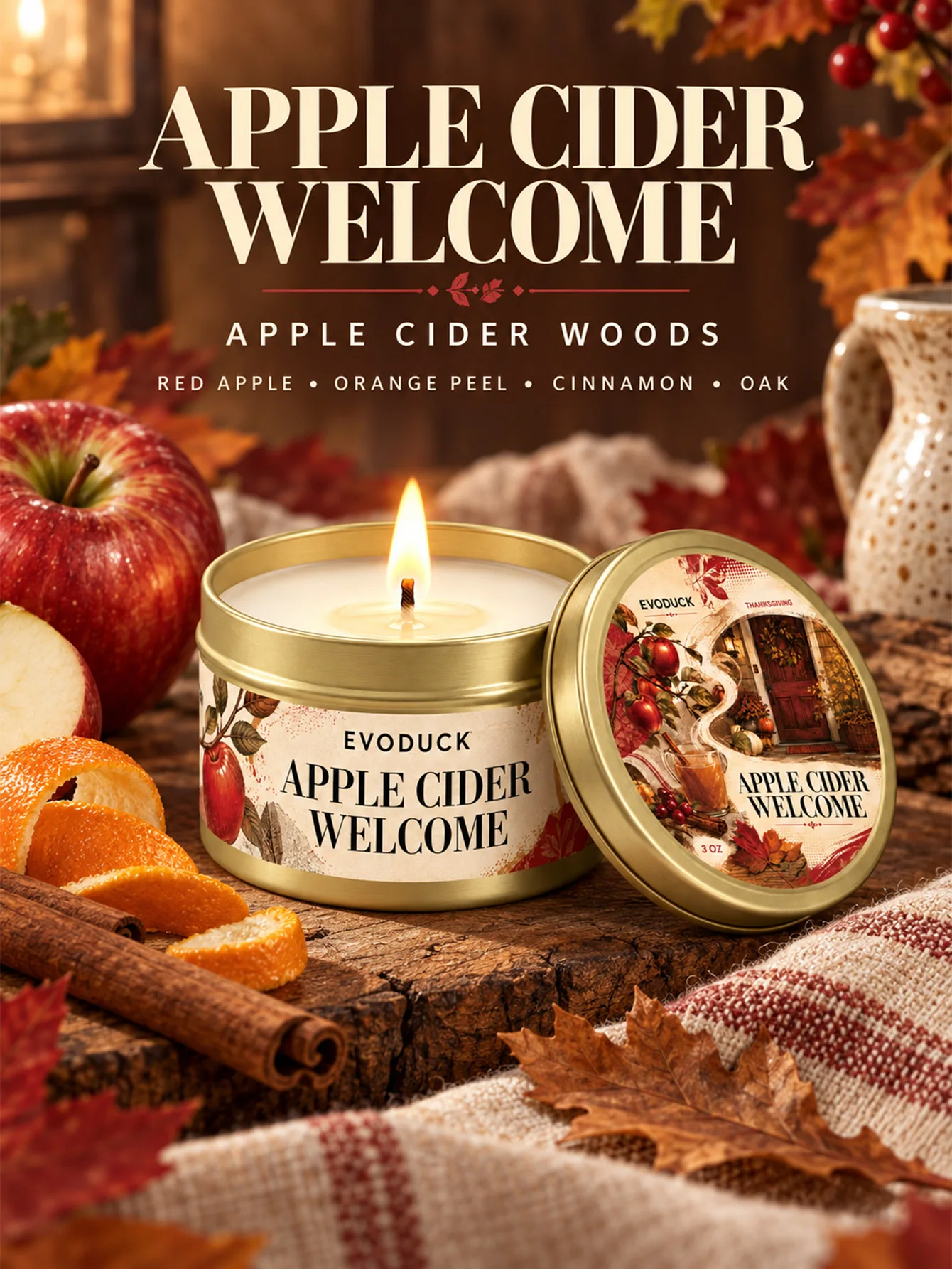 1pc Cranberry Orange Fir Candle 3oz Gold Tin, Fruity Harvest Scent, Gift Box & Card, Thanksgiving Friendsgiving Gift