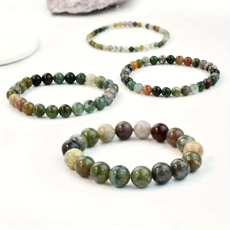 4 Pcs Natural Indian Agate Stretch Bracelet Set 4mm 6mm 8mm 10mm Beaded Elastic Bangle Jewelry Unisex Bead Bracelets Gift For Men Women Holiday Party Daily Wear