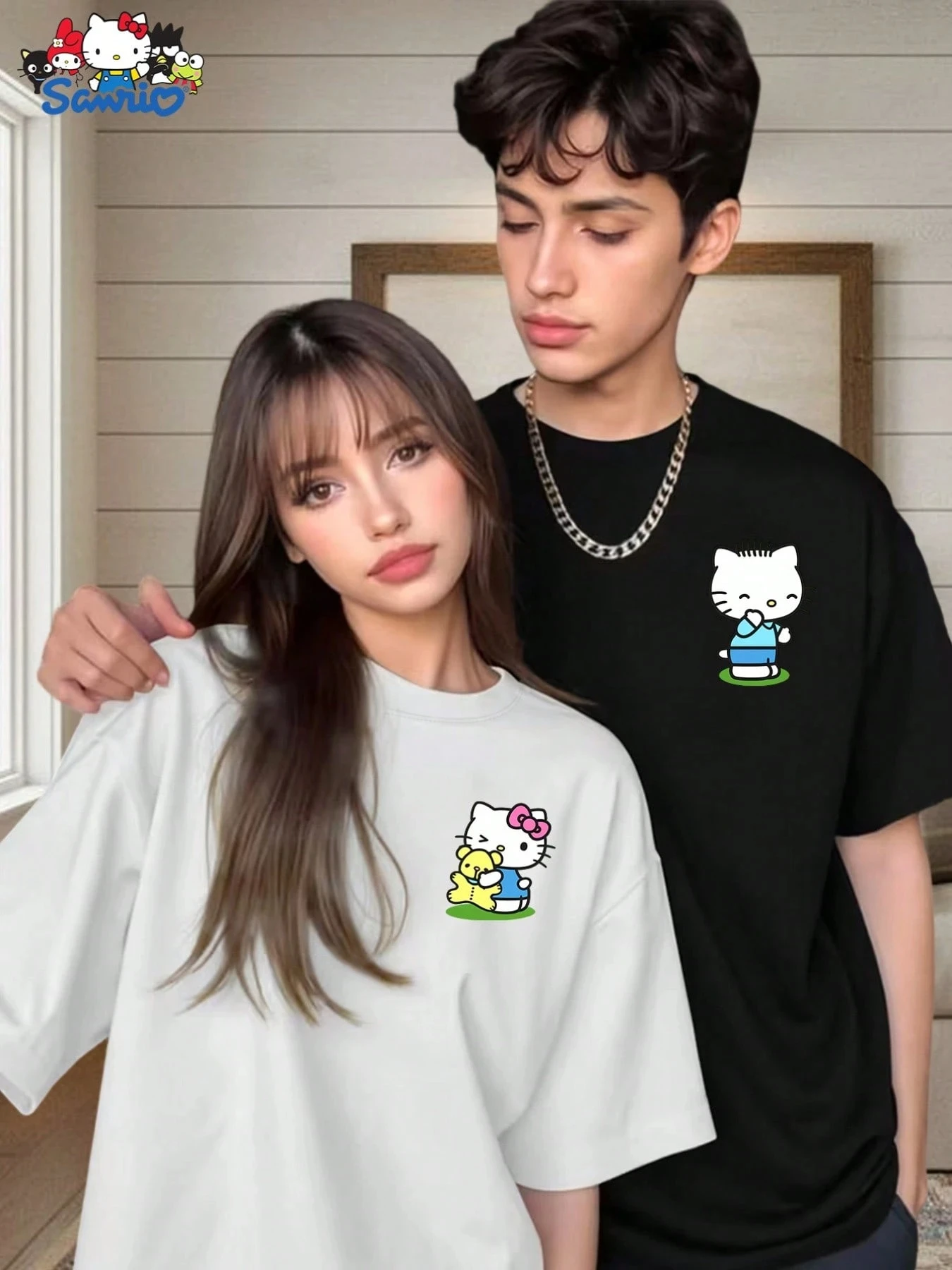 2026 Sanrio Hello Kitty Couple T-shirt with Cute Chest Print, Pure Cotton Short Sleeved T-shirt, Kawaii Couple Outfit Y2k Ins