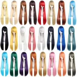 80cm Long Synthetic White Purple Cosplay Wigs Green Hair Straight Silver Wig Pink Hairpiece Lolita Wig with Bangs