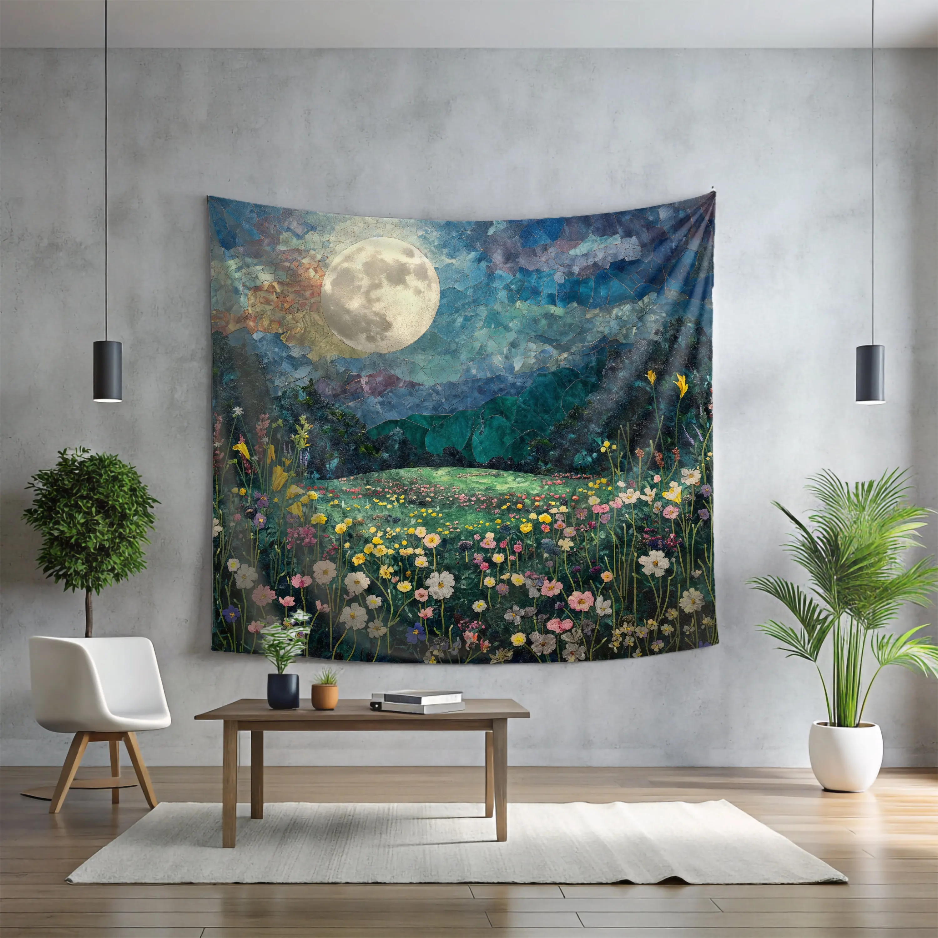 VIKAMA Oil Painting Feeling Moonlit Night Flower Field Tapestry Forest Healing Background Cloth Living Room Room Decoration