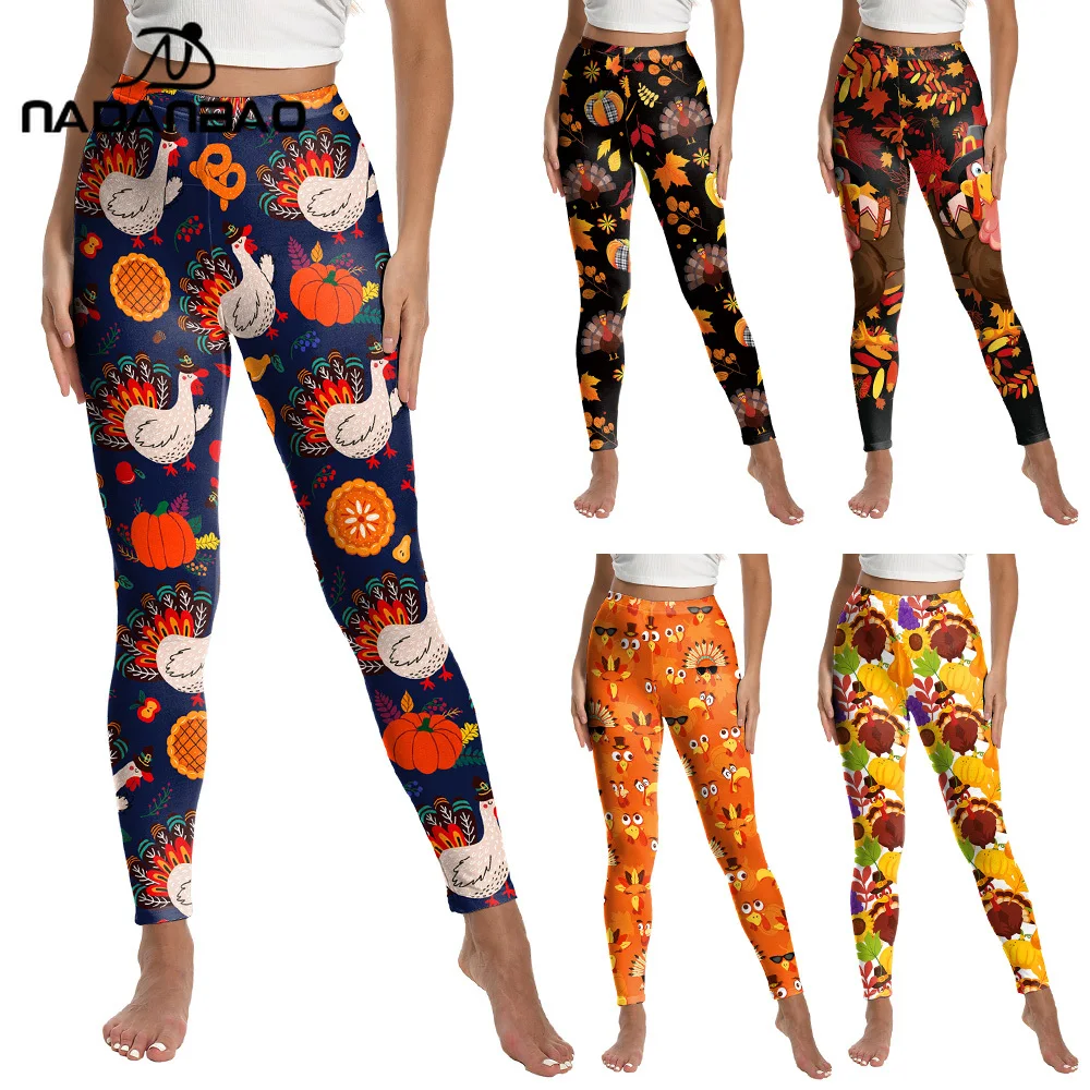 

Nadanbao Turkey Maple Leaf Thanksgiving leggings Colorful Printed Pants for Women Stretchy Trousers Gym Workout Yoga Tights