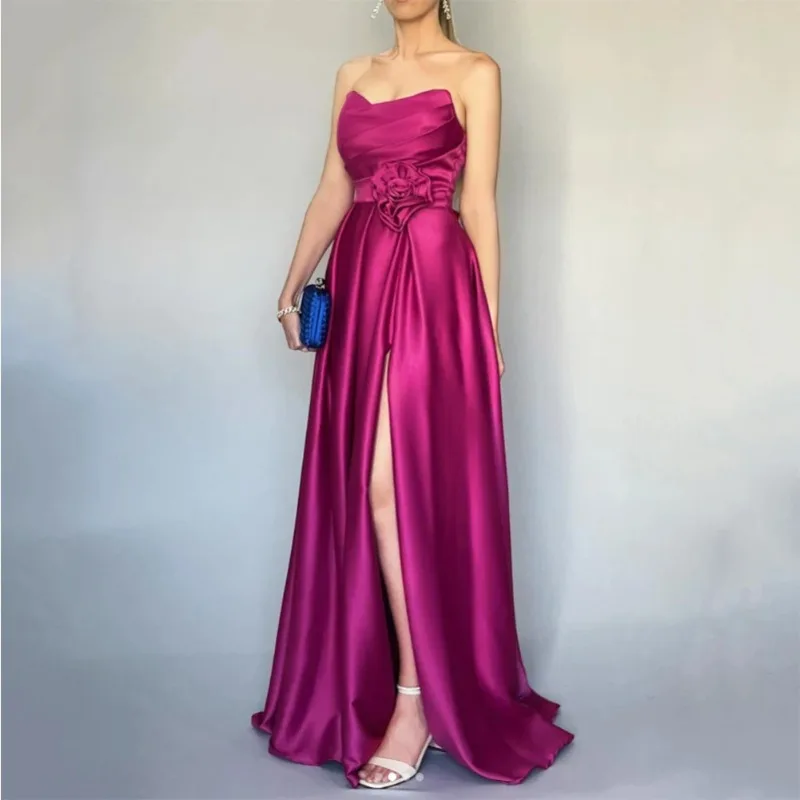 Customized Strapless Popular High End Euramerican Long Evening Dresses Fashion Popular Draped Slim Temperament Vestidos Flower D