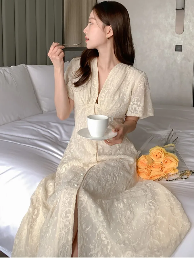 

Кружевное платье Ele с вышивкой, женское летнее новое платье, длинное платье с крючком, цветочный дизайн, модное