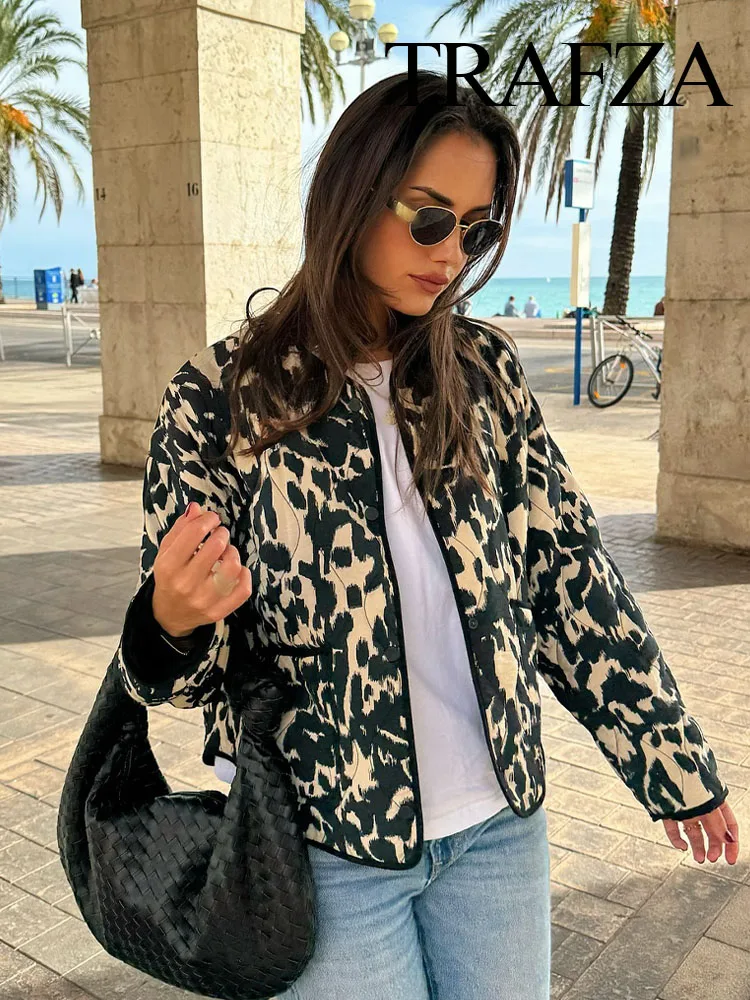 TRAFZA mujer elegante estampado de leopardo mangas largas bolsillos de un solo pecho decorar Casual abrigo suelto mujeres abrigos de algodón de invierno