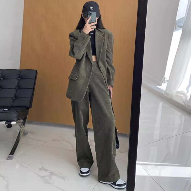 Women's Winter British Style Short Corduroy Blazer Wide Pants Set Retro Casual Solid Color Loose Fitting Suit Pant Two-piece Set