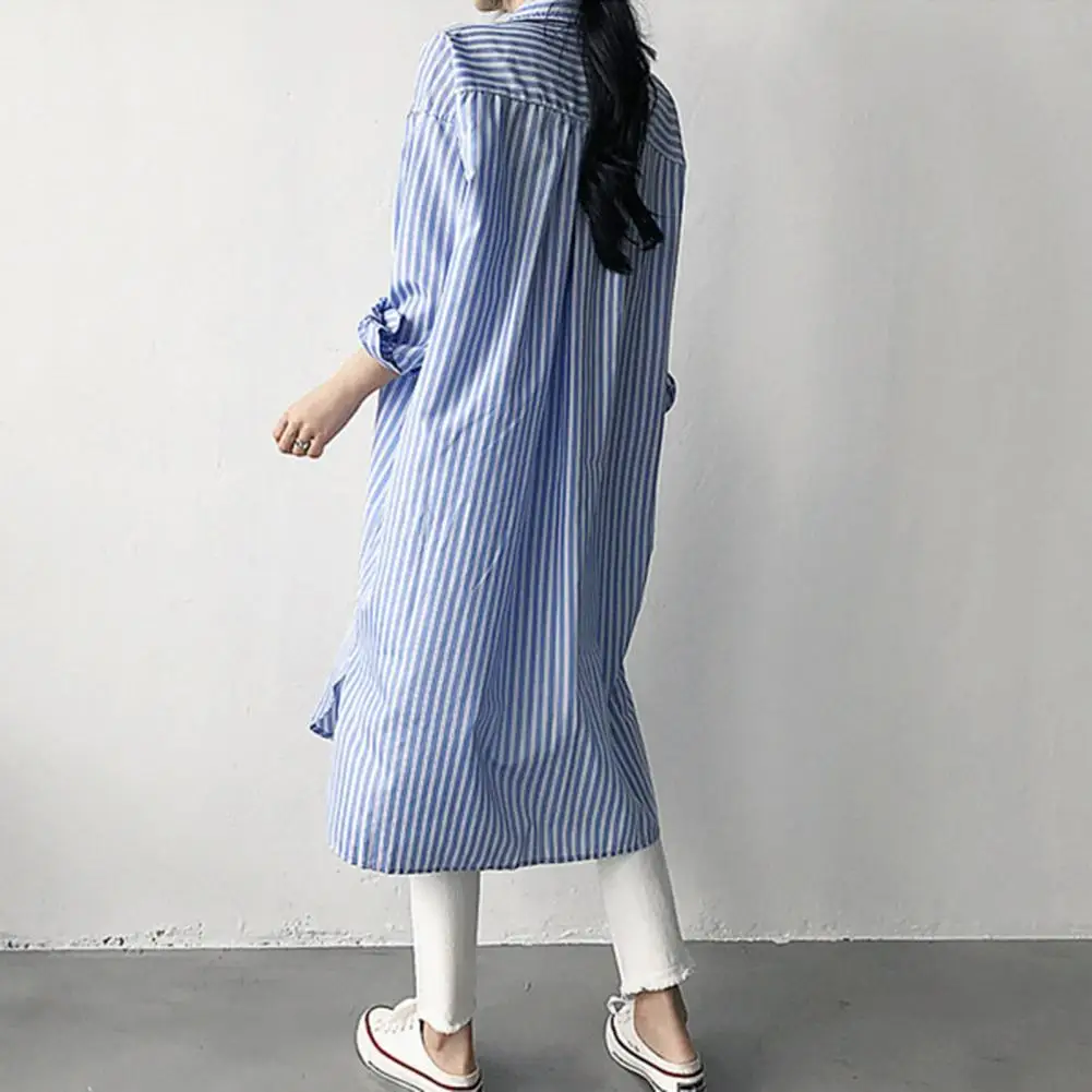 Women Shirt Blue Striped Long Shirt Dress Long Sleeves Single-breasted Cardigan Split Hem Spring Summer Blouse Lady Clothing