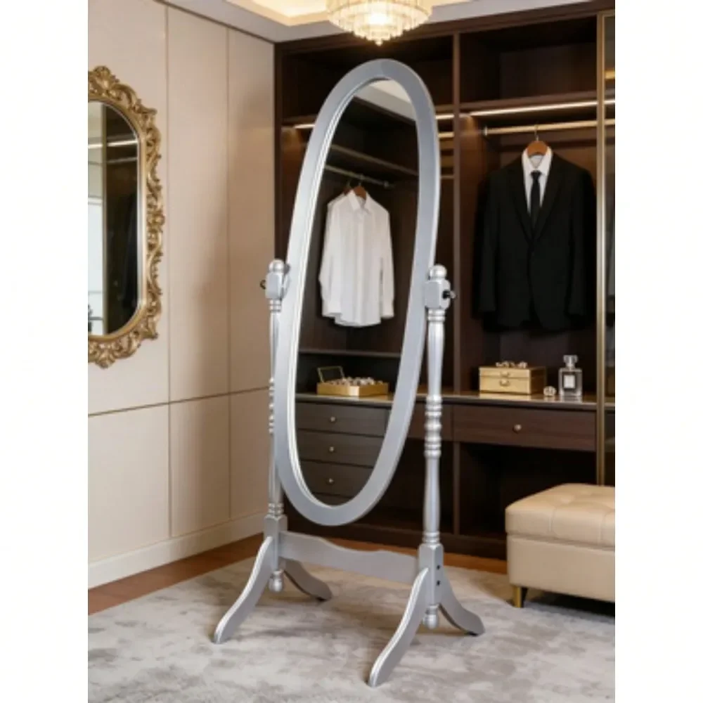 

Traditional Queen Style Wood Floor Cheval Mirror, Silver Finish
