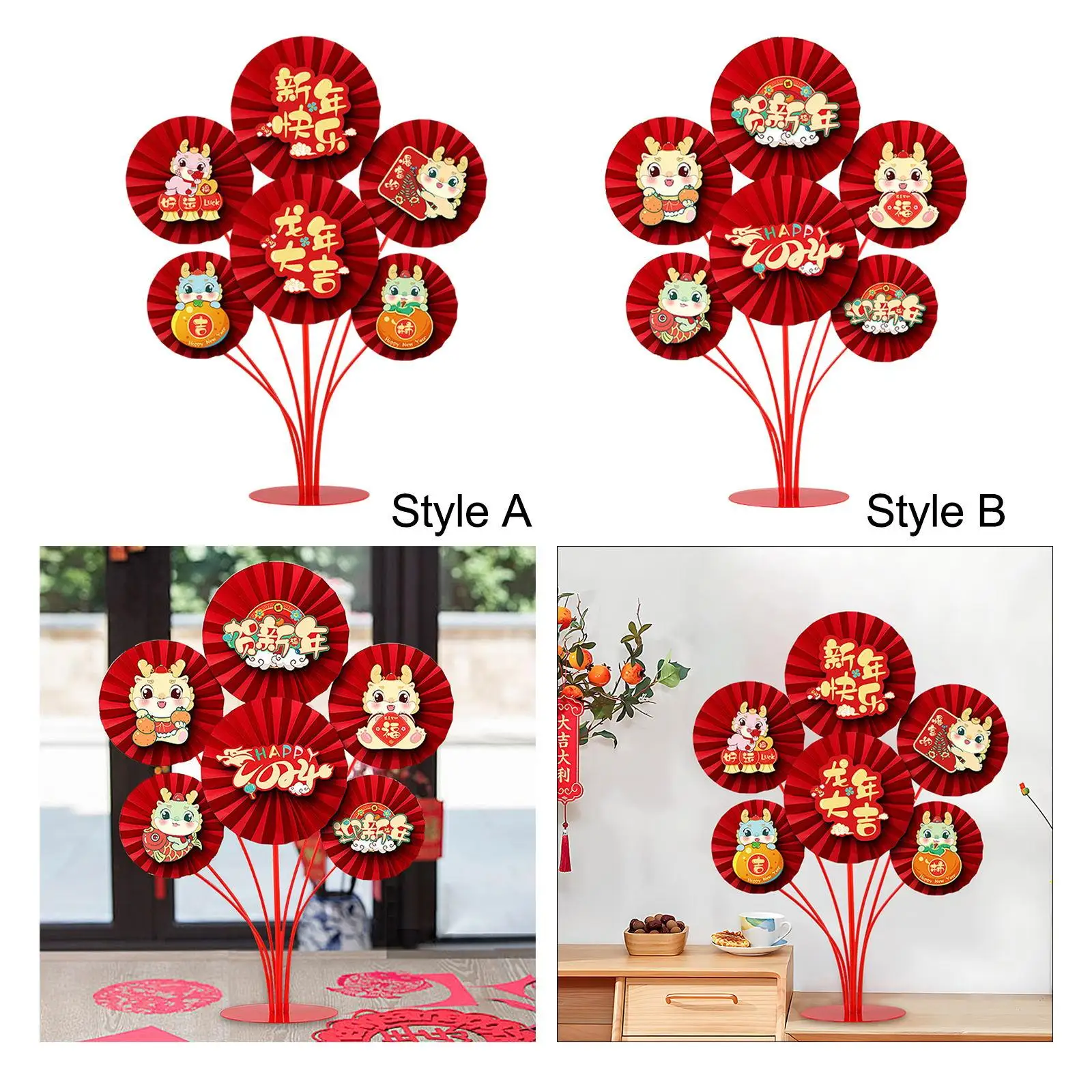 2024 Chinese New Year Decorations Blessing Characters Paper Fan Statue