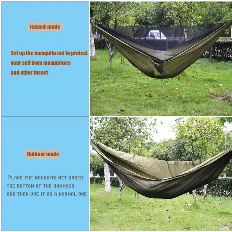 Double Travel Camping Hammock with Mosquito Net,Backpacking Portable Parachute 5+1 Ring Strap Hammock