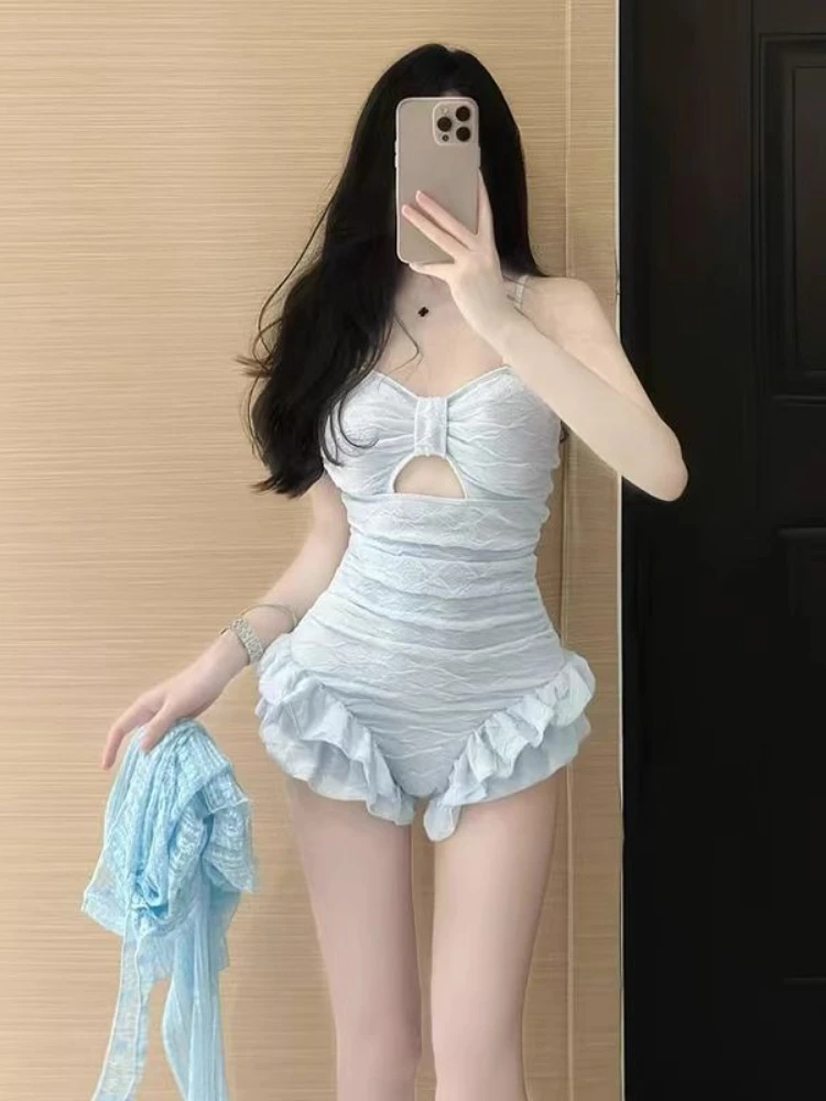 Women's Elegant Long Sleeve One Piece Swimsuit Slimming Ruffle Trim Modest Bathing Suit Tummy Control Swimwear for Vacation Spa