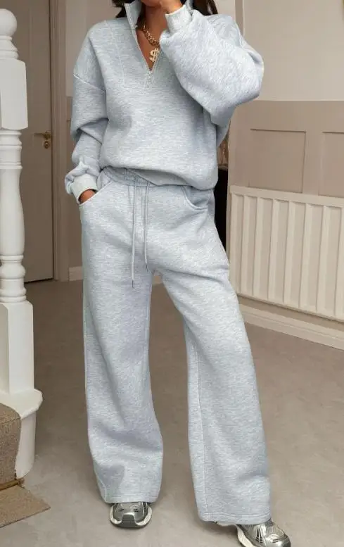 

Осенне-зимний женский спортивный костюм из мягкой ткани с топом на молнии и широкими брюками свободного покроя