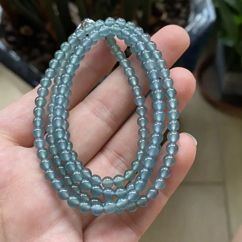 Natural a Cargo Jade Side Jade HighGlass Steel Light Transparent Deep Sea Blue Multi-Circle Bead Necklace Brace