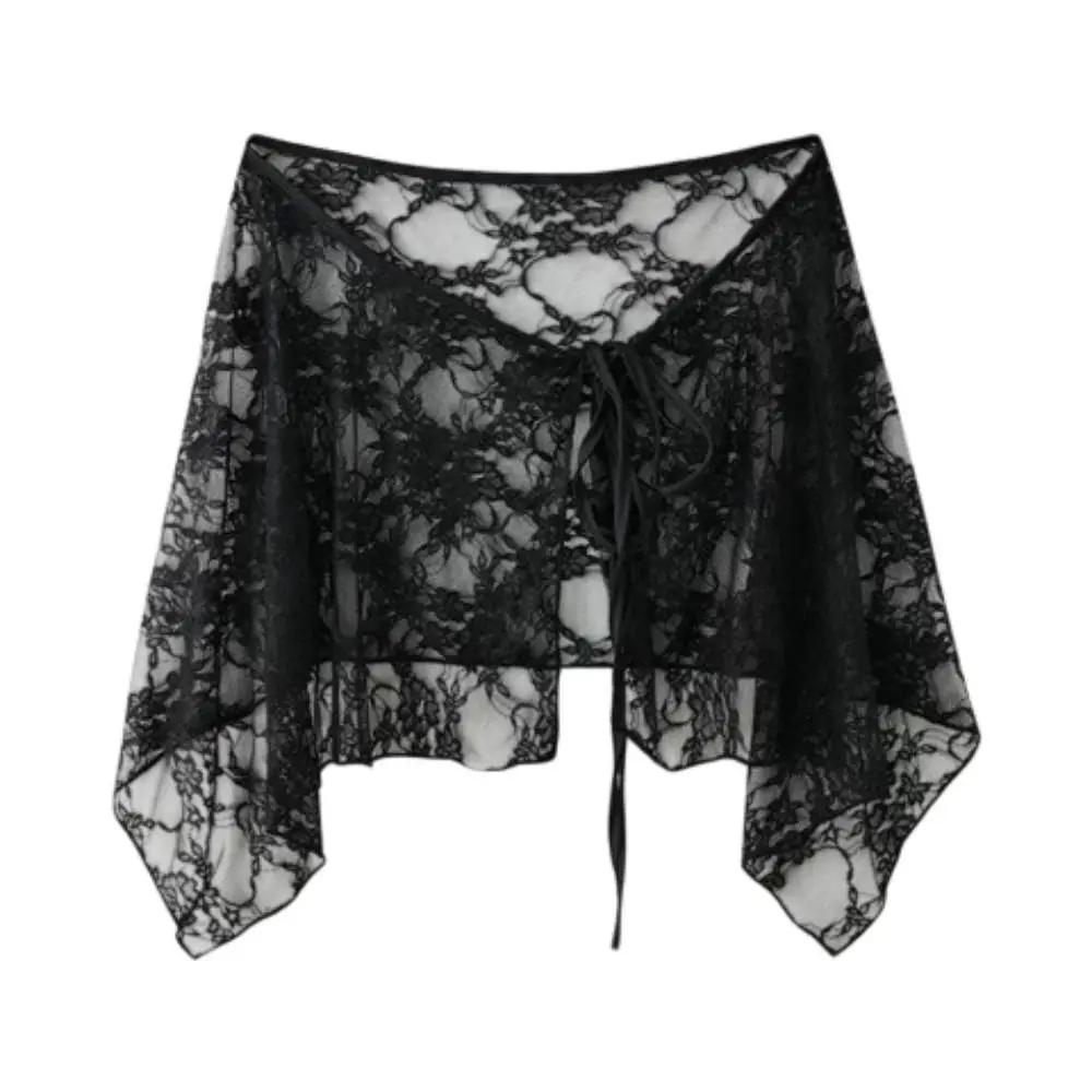 French Lacing Lace Mini Skirt Embroidery Irregular Hemline Lace Up Ruffles Skirt Harajuku Y2K Streetwear Apron Wrap Skirt