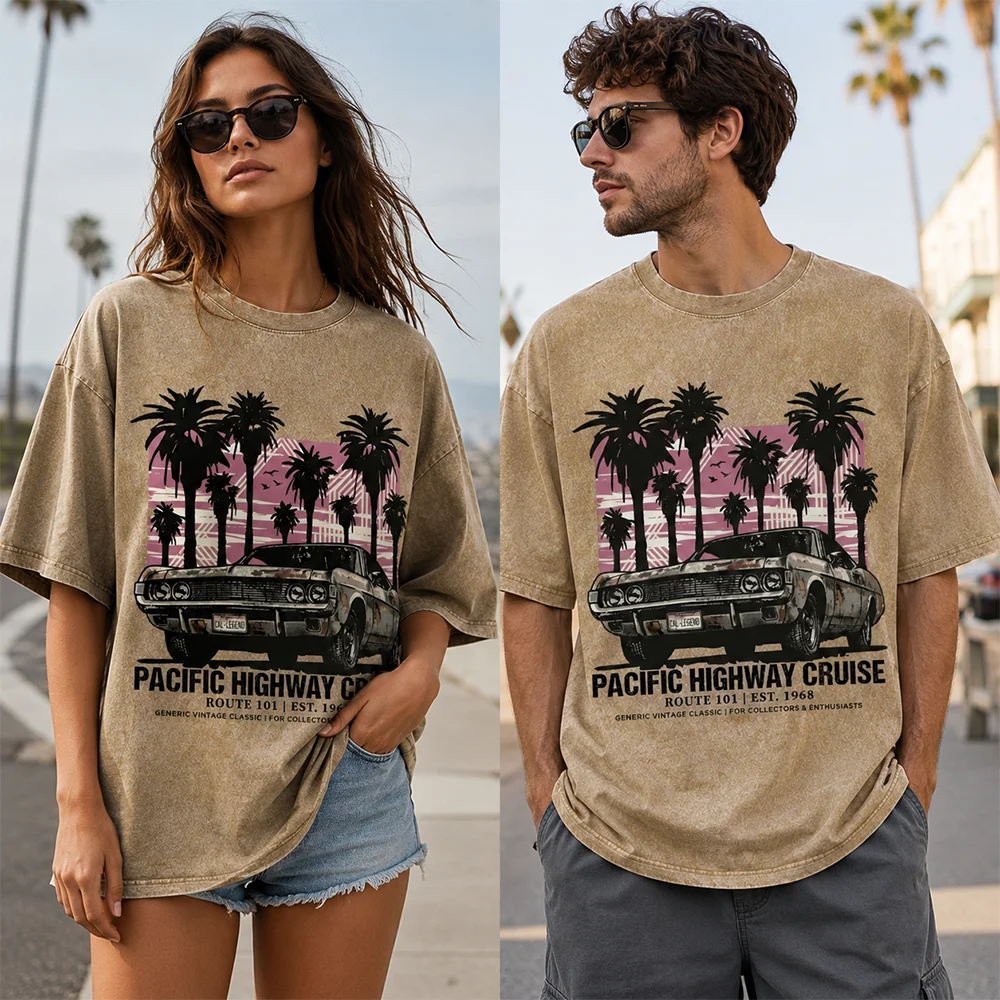 Vintage Car T Shirt Unisex Men Women Pacific Highway Cruise Graphic Tees California Retro Muscle Car Cotton Oversized Tops